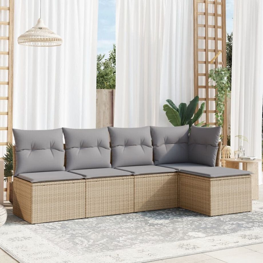 vidaXL 5-delige Loungeset met kussens poly rattan beige vidaXL 5-delige Loungeset met kussens poly rattan beige afbeelding 1