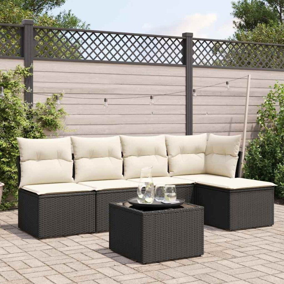 vidaXL 6-delige Loungeset met kussens poly rattan zwart afbeelding 1
