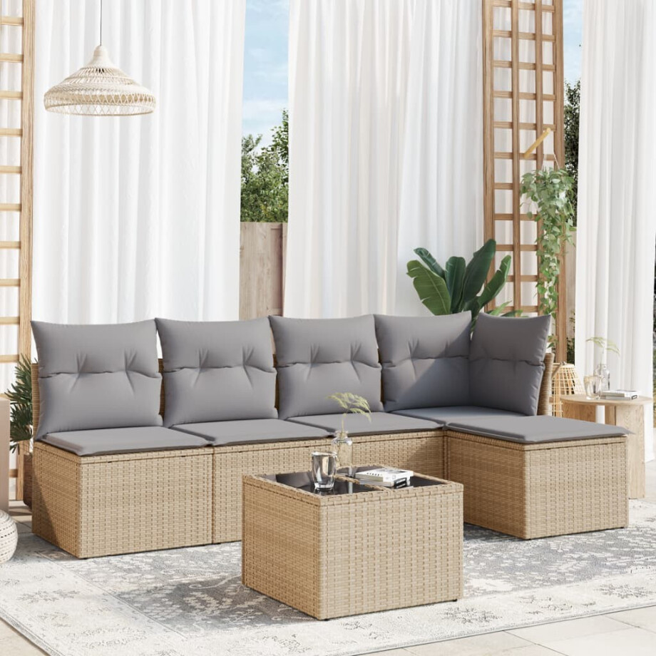 vidaXL 6-delige Loungeset met kussens poly rattan beige afbeelding 1