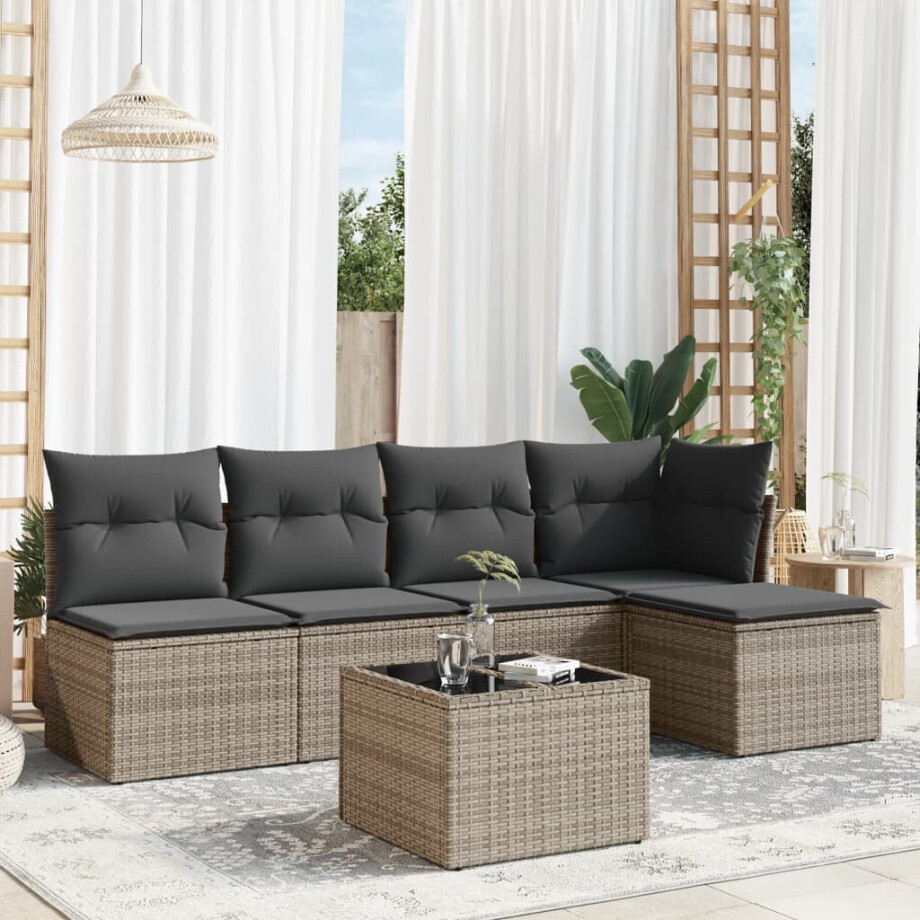 vidaXL 6-delige Loungeset met kussens poly rattan grijs vidaXL 6-delige Loungeset met kussens poly rattan grijs afbeelding 1