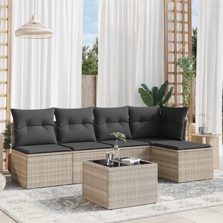 vidaXL 6-delige Loungeset met kussens poly rattan lichtgrijs afbeelding 1