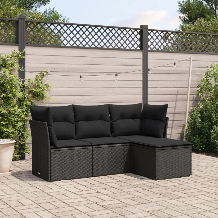 vidaXL 4-delige Loungeset met kussens poly rattan zwart afbeelding 1