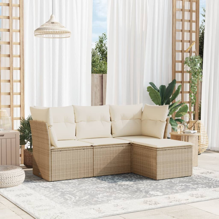 vidaXL 4-delige Loungeset met kussens poly rattan beige afbeelding 1