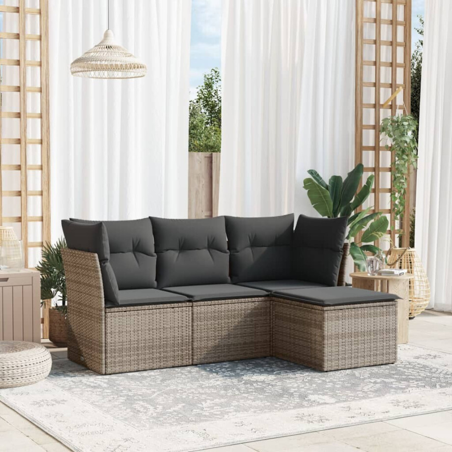 vidaXL 4-delige Loungeset met kussens poly rattan grijs afbeelding 1