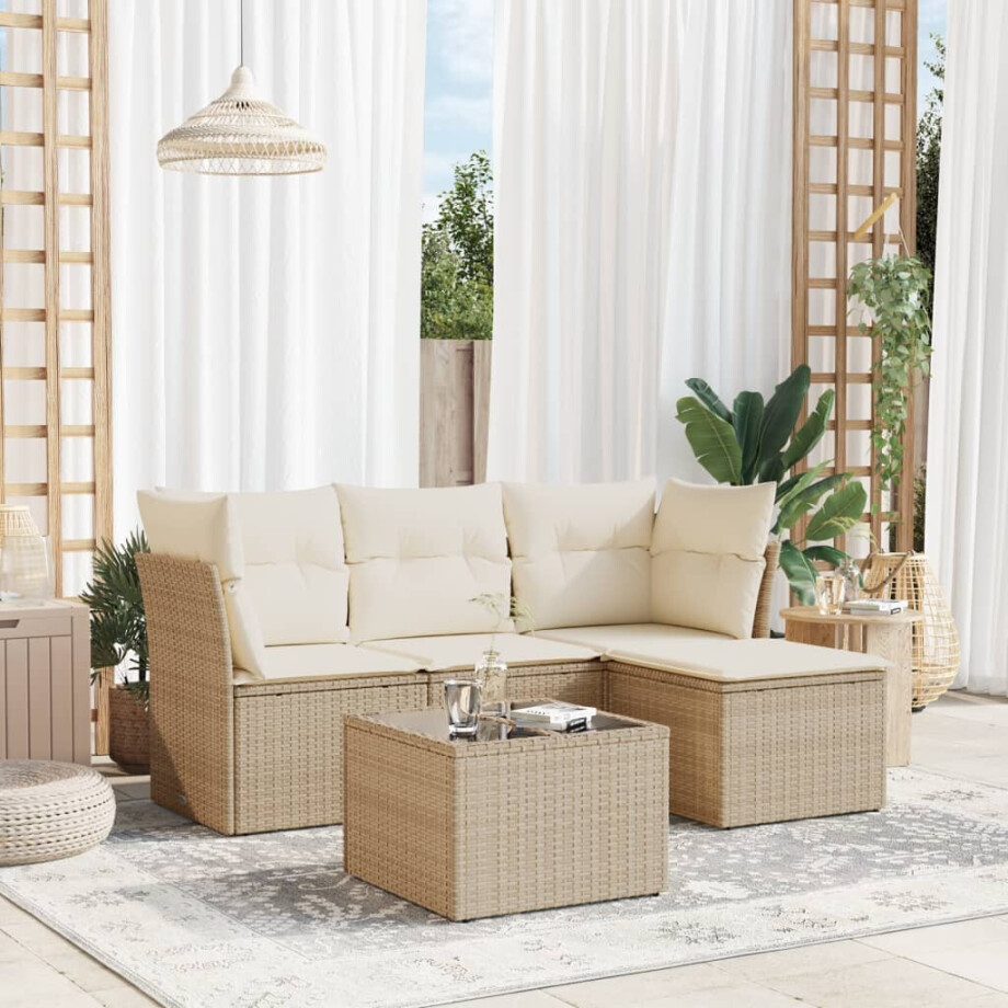 vidaXL 5-delige Loungeset met kussens poly rattan beige vidaXL 5-delige Loungeset met kussens poly rattan beige afbeelding 1