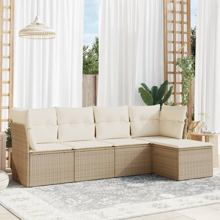 vidaXL 5-delige Loungeset met kussens poly rattan beige afbeelding 1