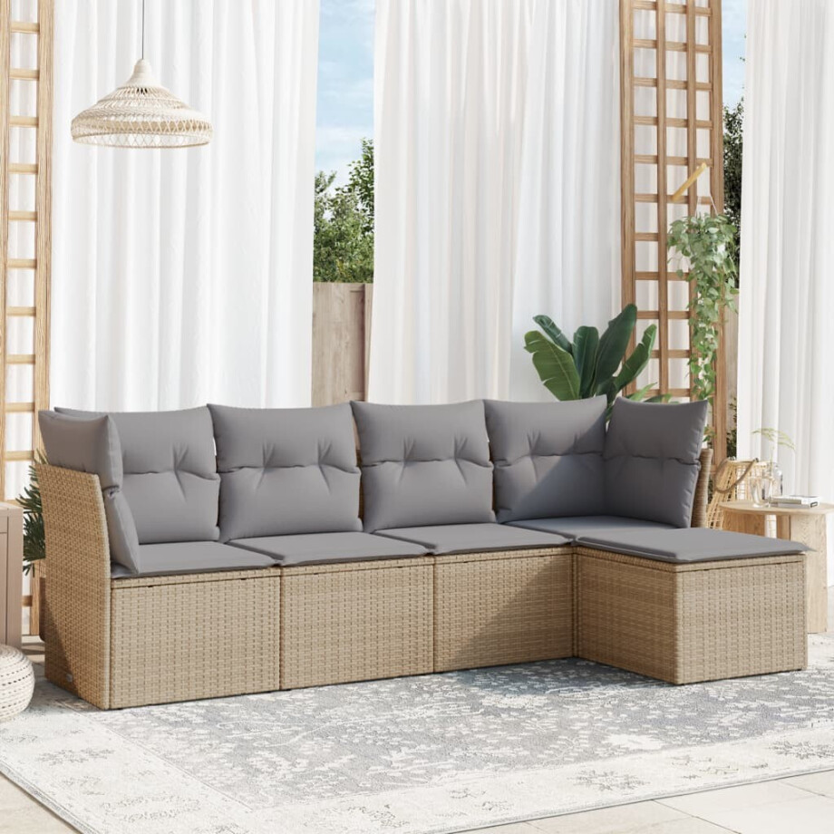 vidaXL 5-delige Loungeset met kussens poly rattan beige afbeelding 1