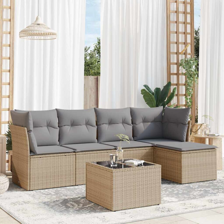 vidaXL 6-delige Loungeset met kussens poly rattan beige afbeelding 1