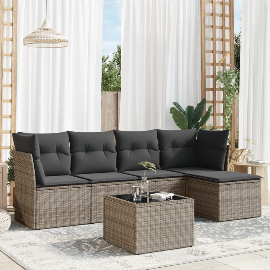 vidaXL 6-delige Loungeset met kussens poly rattan grijs afbeelding 1