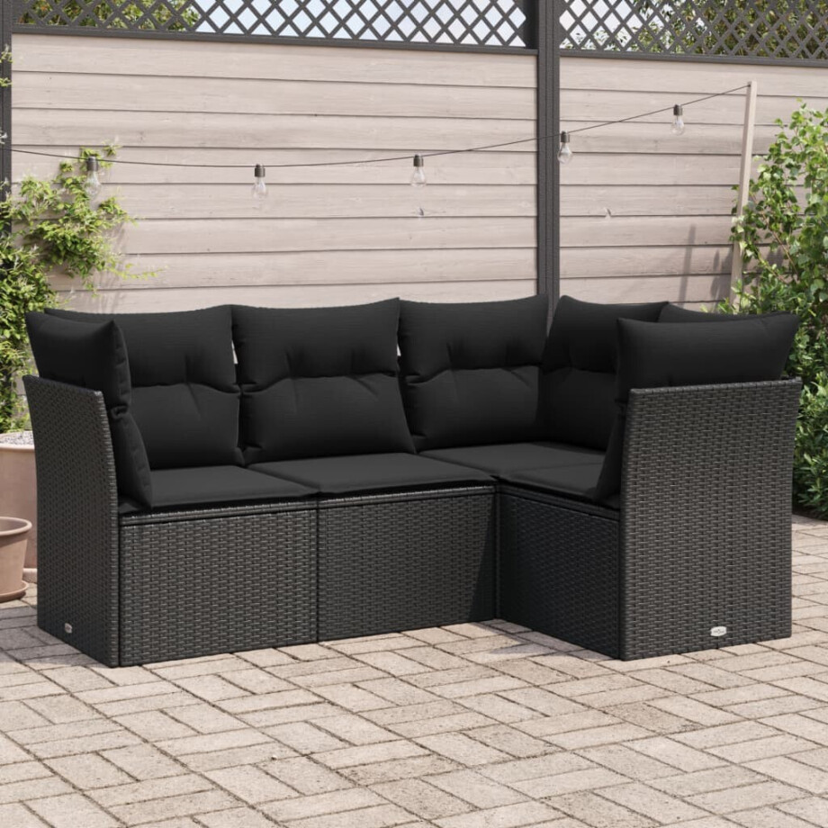vidaXL 4-delige Loungeset met kussens poly rattan zwart afbeelding 1