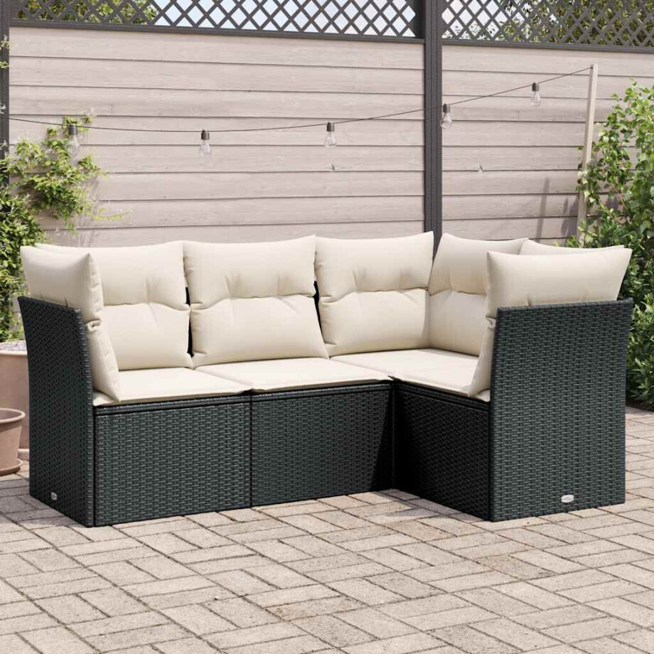 vidaXL 4-delige Loungeset met kussens poly rattan zwart afbeelding 1