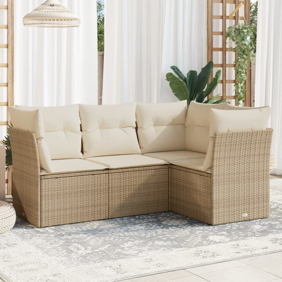 vidaXL 4-delige Loungeset met kussens poly rattan beige afbeelding 1