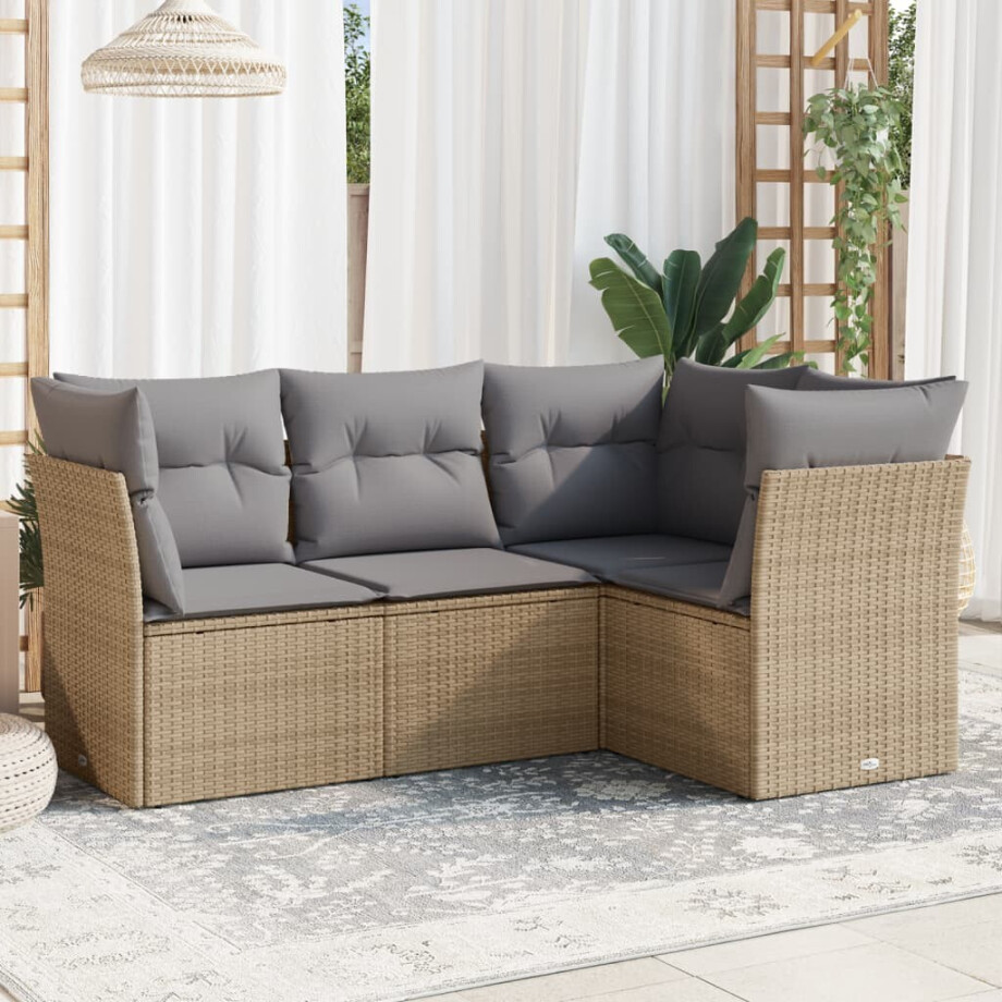 vidaXL 4-delige Loungeset met kussens poly rattan beige afbeelding 1