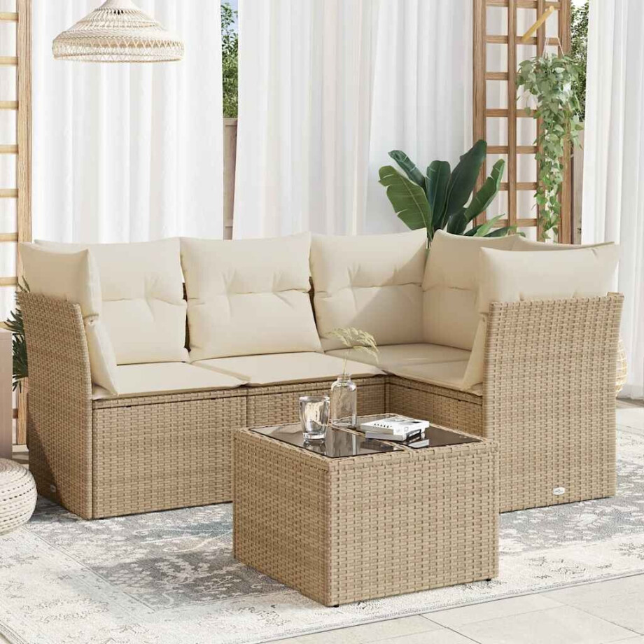 vidaXL 5-delige Loungeset met kussens poly rattan beige vidaXL 5-delige Loungeset met kussens poly rattan beige afbeelding 1
