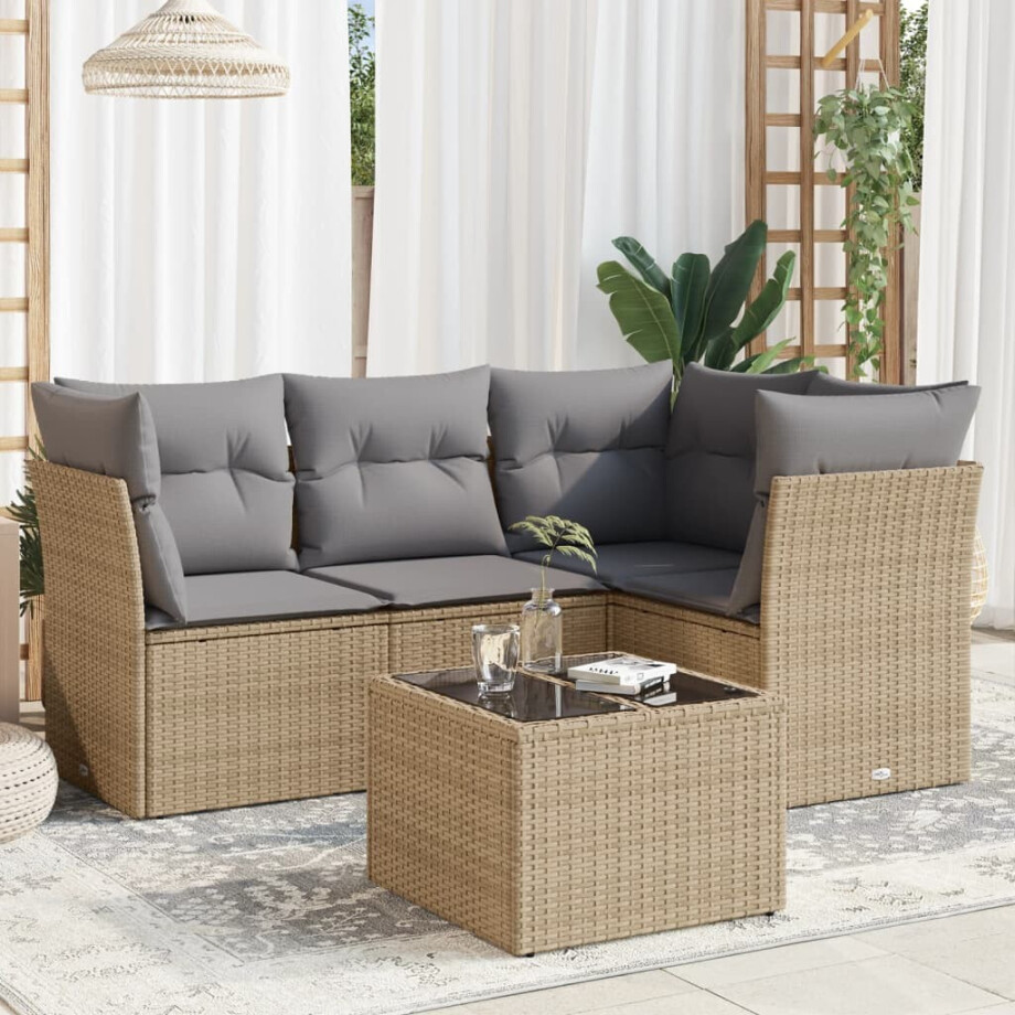 vidaXL 5-delige Loungeset met kussens poly rattan beige vidaXL 5-delige Loungeset met kussens poly rattan beige afbeelding 1
