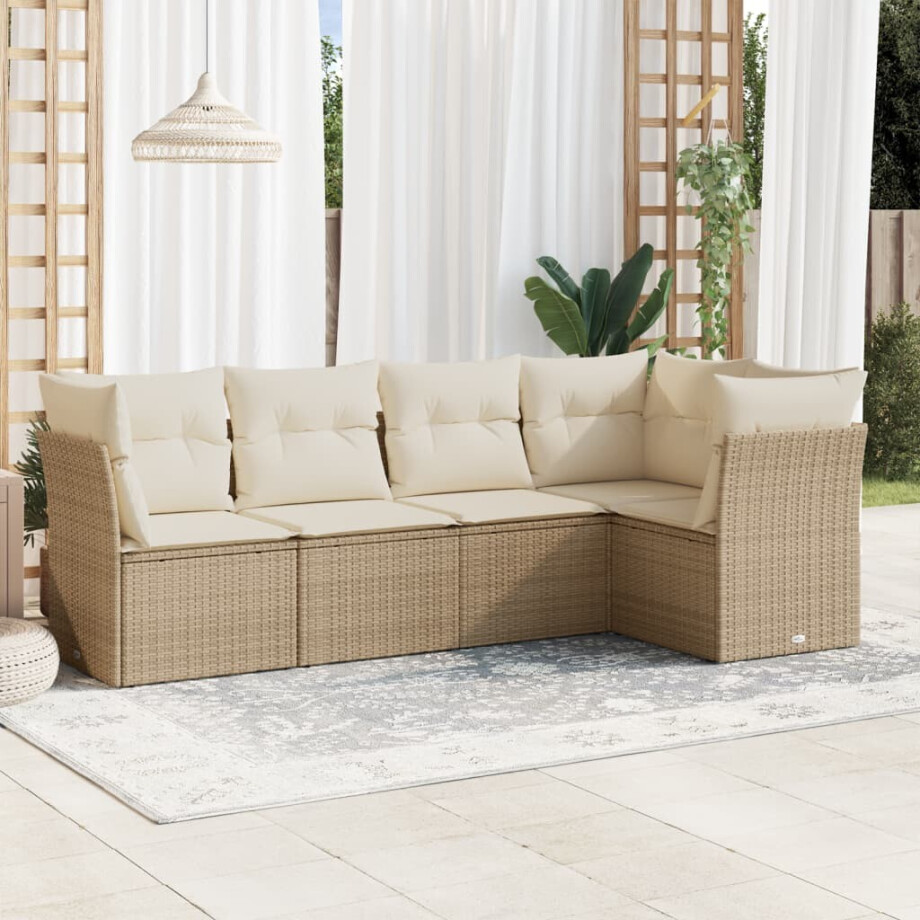 vidaXL 5-delige Loungeset met kussens poly rattan beige afbeelding 1