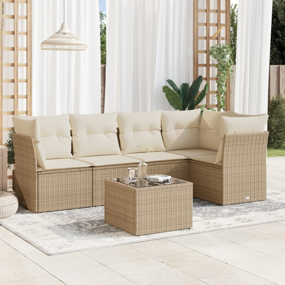 vidaXL 6-delige Loungeset met kussens poly rattan beige vidaXL 6-delige Loungeset met kussens poly rattan beige afbeelding 1