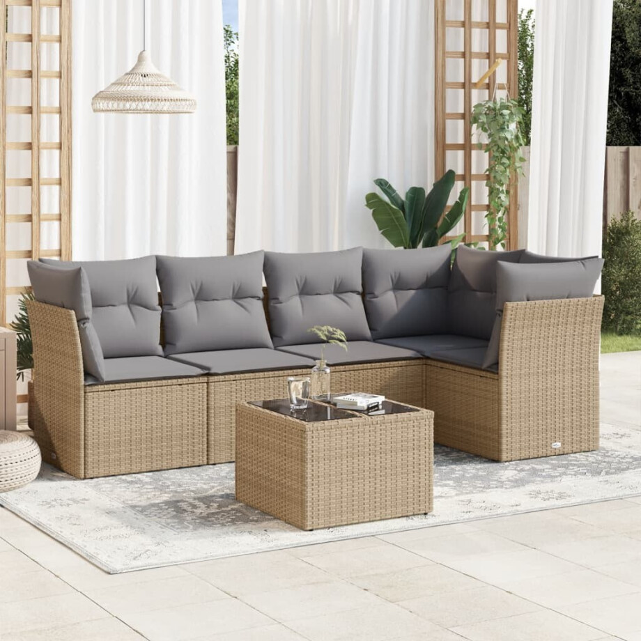 vidaXL 6-delige Loungeset met kussens poly rattan beige afbeelding 1