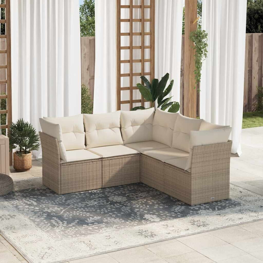 vidaXL 5-delige Loungeset met kussens poly rattan beige afbeelding 1