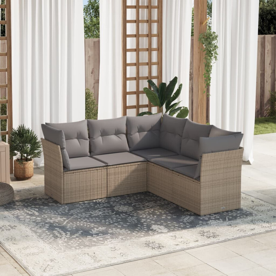 vidaXL 5-delige Loungeset met kussens poly rattan beige afbeelding 1