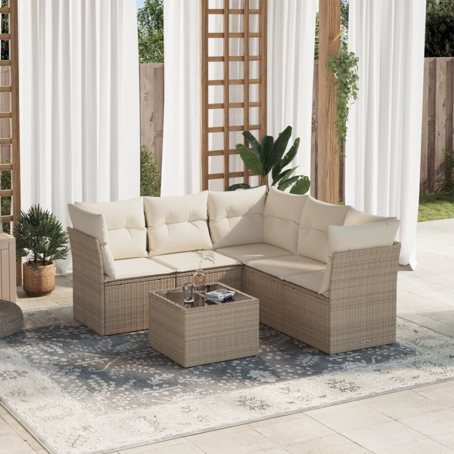 vidaXL 6-delige Loungeset met kussens poly rattan beige afbeelding 1