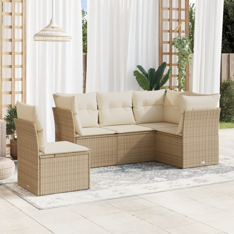 vidaXL 5-delige Loungeset met kussens poly rattan beige vidaXL 5-delige Loungeset met kussens poly rattan beige afbeelding 1