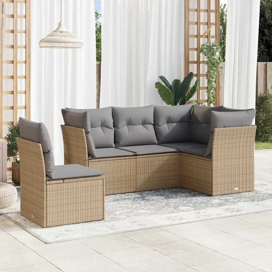 vidaXL 5-delige Loungeset met kussens poly rattan beige vidaXL 5-delige Loungeset met kussens poly rattan beige afbeelding 1