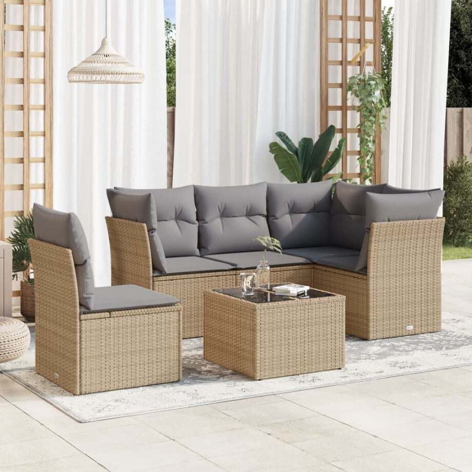 vidaXL 6-delige Loungeset met kussens poly rattan beige afbeelding 1