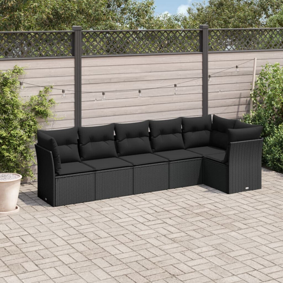 vidaXL 6-delige Loungeset met kussens poly rattan zwart afbeelding 1