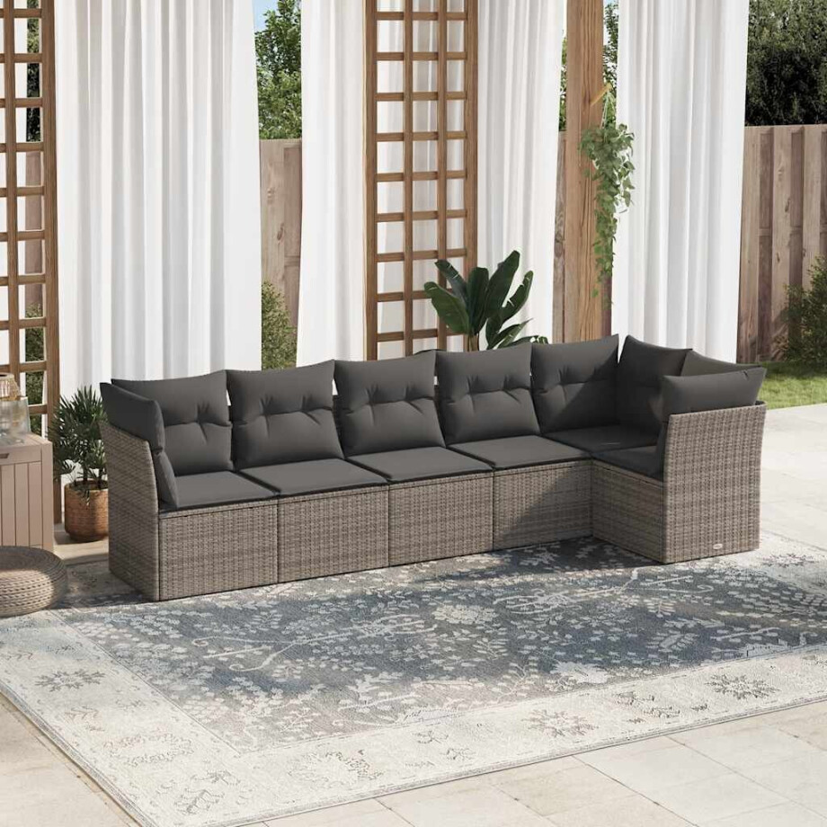 vidaXL 6-delige Loungeset met kussens poly rattan grijs afbeelding 1