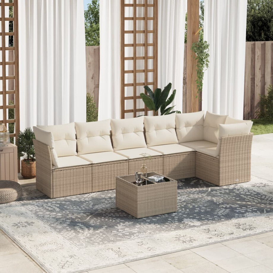 vidaXL 7-delige Loungeset met kussens poly rattan beige afbeelding 1