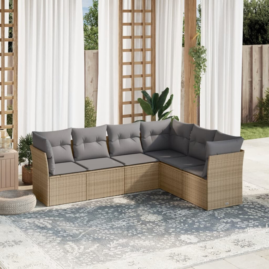 vidaXL 6-delige Loungeset met kussens poly rattan beige vidaXL 6-delige Loungeset met kussens poly rattan beige afbeelding 1
