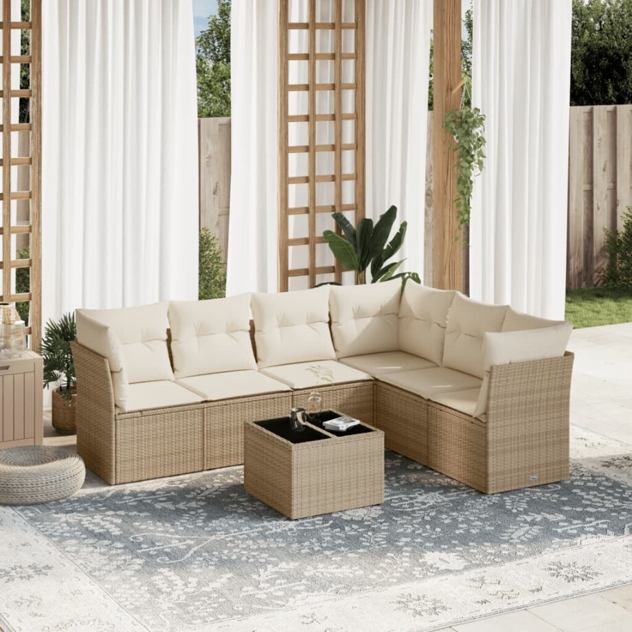 vidaXL 7-delige Loungeset met kussens poly rattan beige vidaXL 7-delige Loungeset met kussens poly rattan beige afbeelding 1
