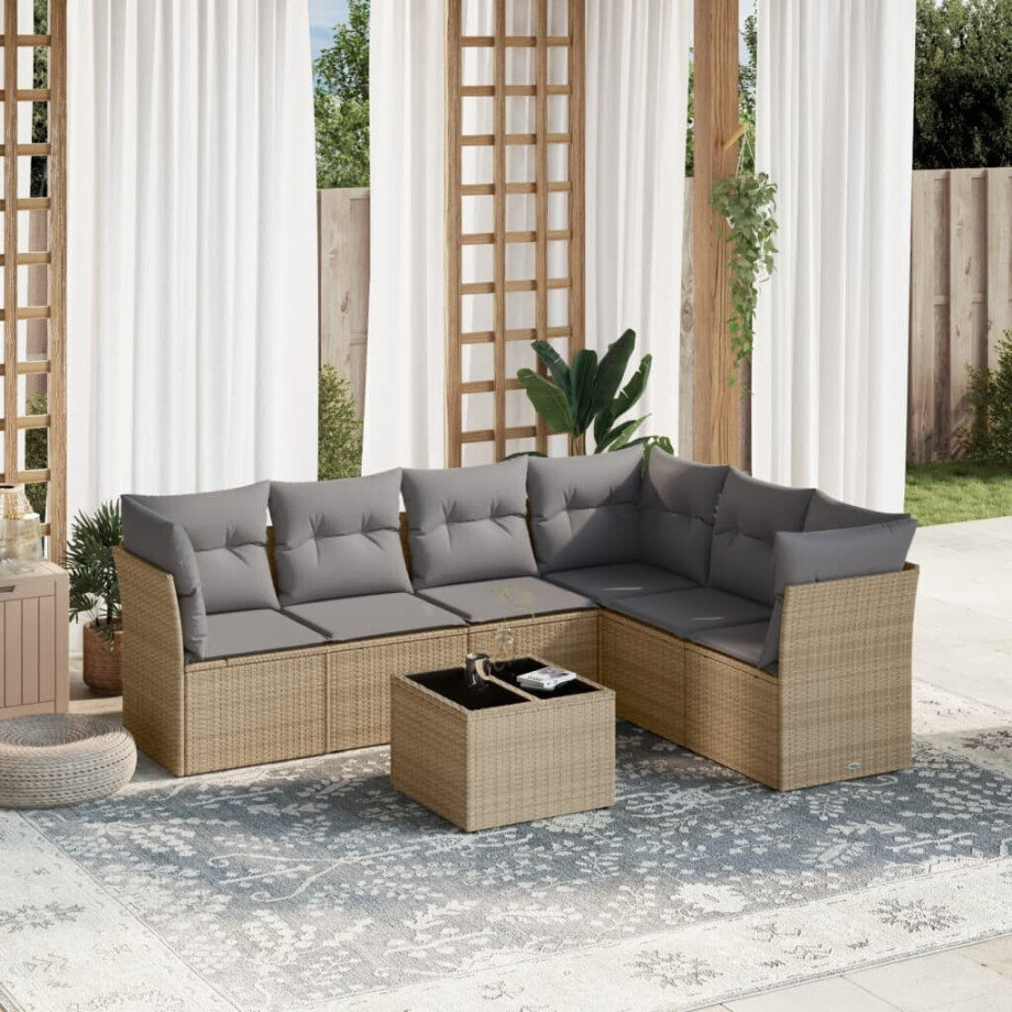 vidaXL 7-delige Loungeset met kussens poly rattan beige vidaXL 7-delige Loungeset met kussens poly rattan beige afbeelding 1