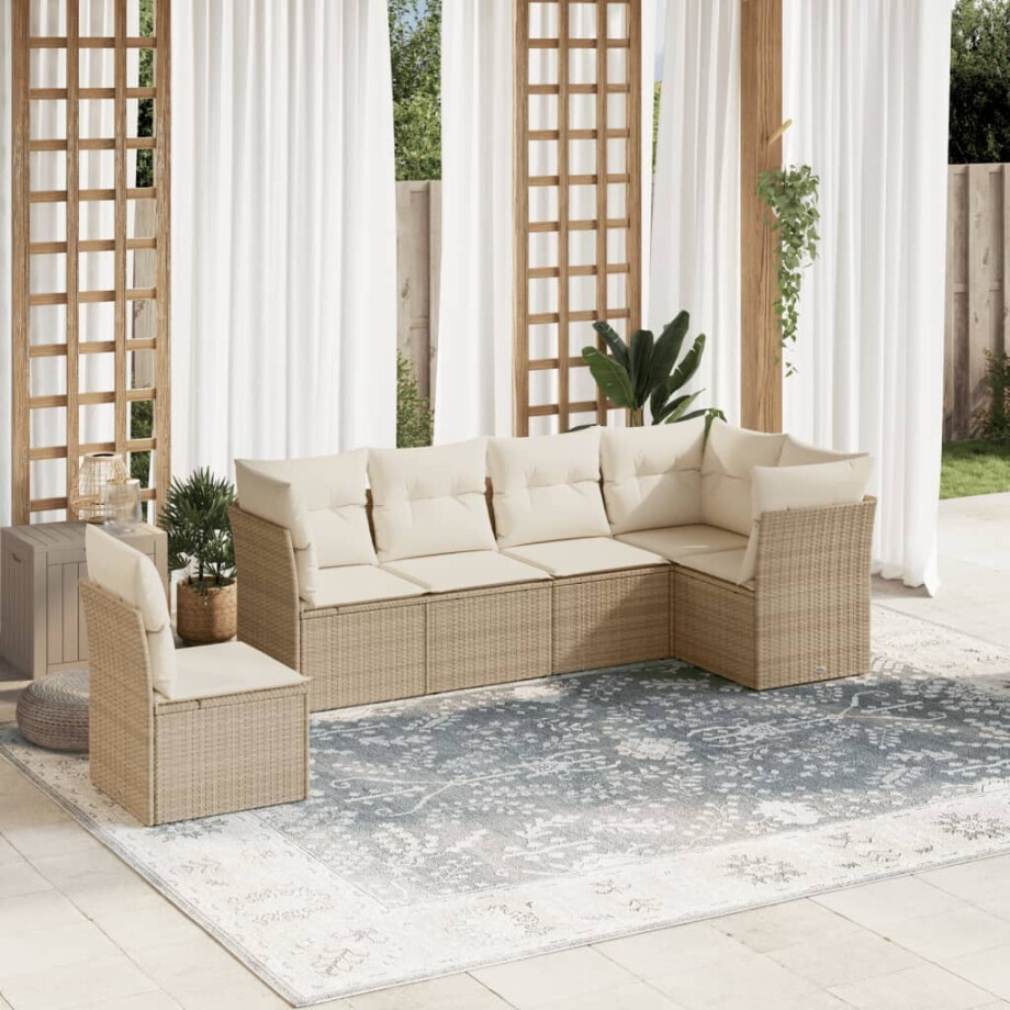 vidaXL 6-delige Loungeset met kussens poly rattan beige afbeelding 1