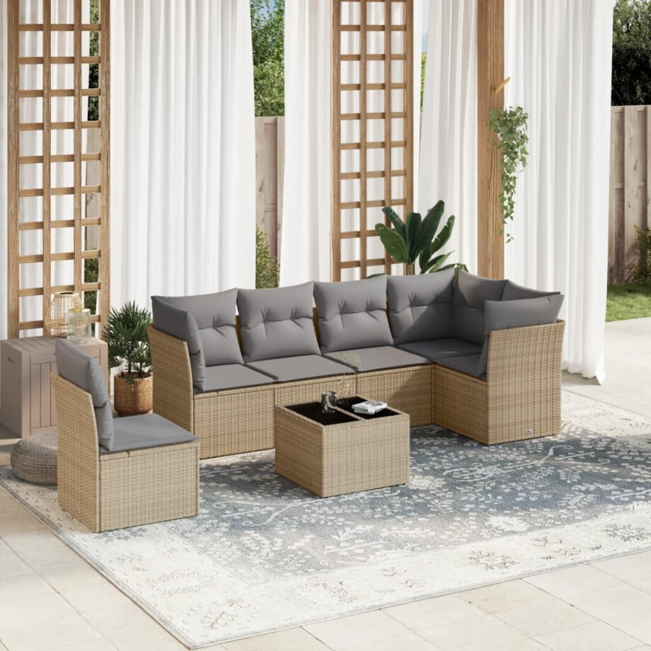 vidaXL 7-delige Loungeset met kussens poly rattan beige afbeelding 1