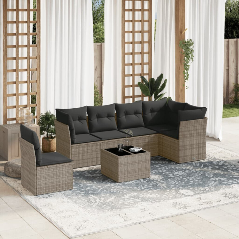 vidaXL 7-delige Loungeset met kussens poly rattan grijs vidaXL 7-delige Loungeset met kussens poly rattan grijs afbeelding 1