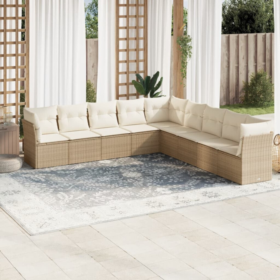 vidaXL 9-delige Loungeset met kussens poly rattan beige afbeelding 1