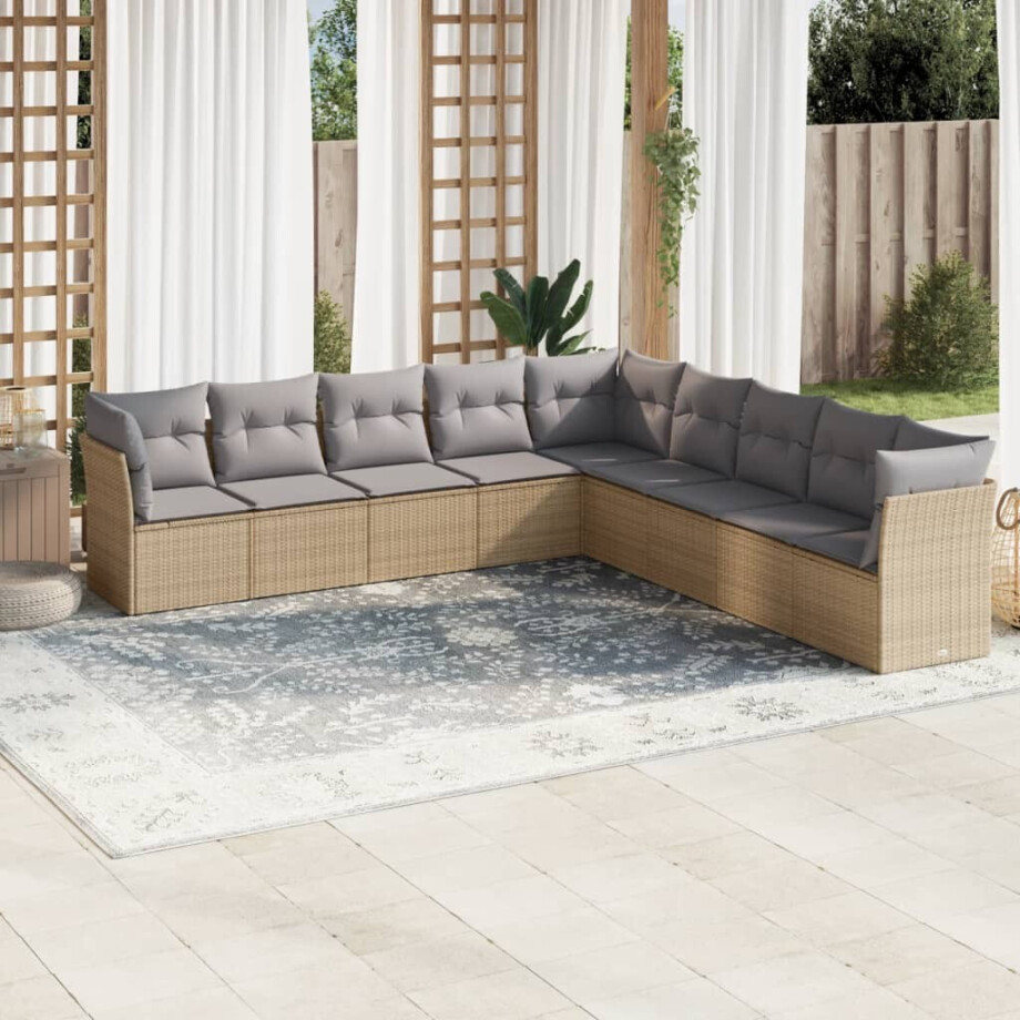vidaXL 9-delige Loungeset met kussens poly rattan beige afbeelding 1
