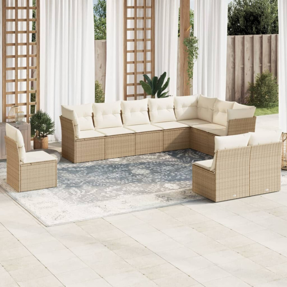 vidaXL 10-delige Loungeset met kussens poly rattan beige afbeelding 1