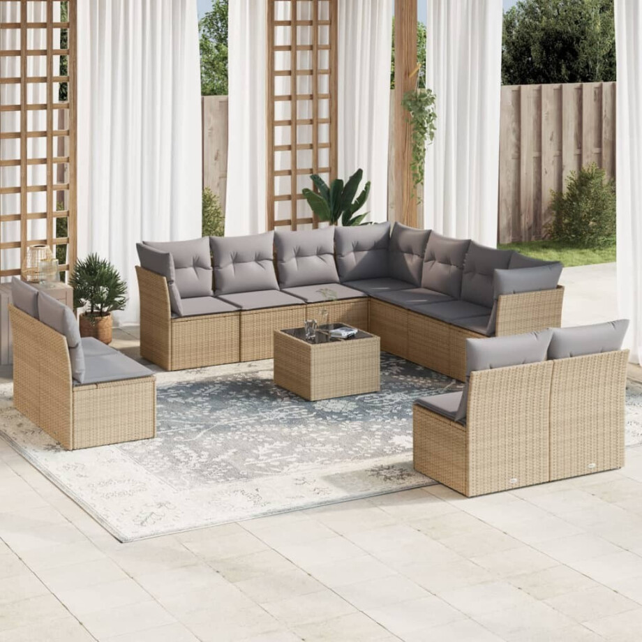vidaXL 12-delige Loungeset met kussens poly rattan beige afbeelding 1