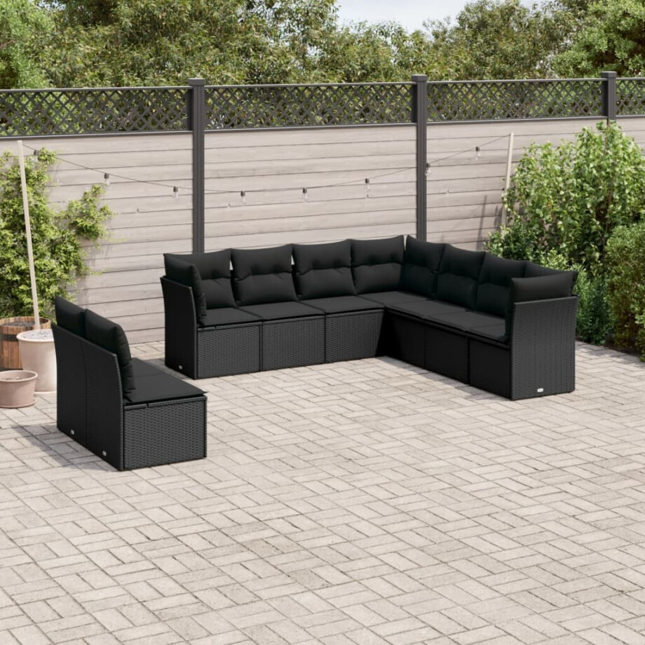 vidaXL 9-delige Loungeset met kussens poly rattan zwart vidaXL 9-delige Loungeset met kussens poly rattan zwart afbeelding 1