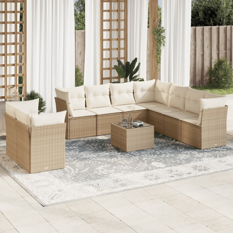 vidaXL 10-delige Loungeset met kussens poly rattan beige vidaXL 10-delige Loungeset met kussens poly rattan beige afbeelding 1