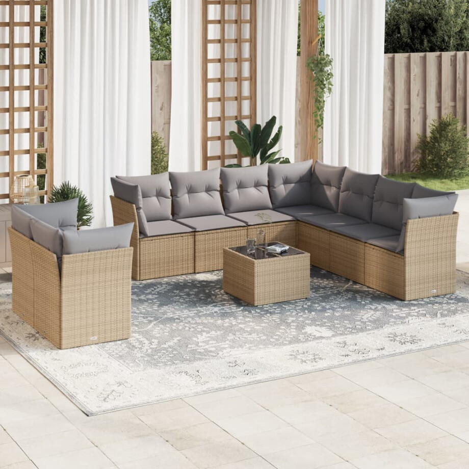 vidaXL 10-delige Loungeset met kussens poly rattan beige vidaXL 10-delige Loungeset met kussens poly rattan beige afbeelding 1