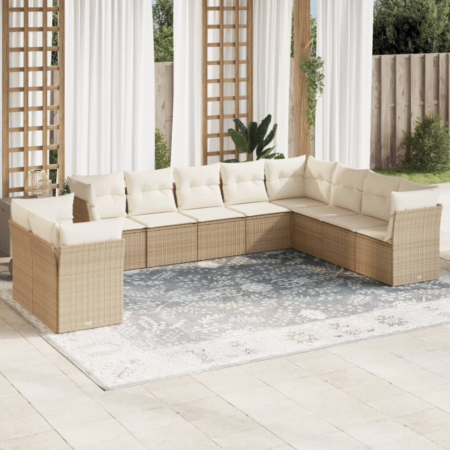 vidaXL 10-delige Loungeset met kussens poly rattan beige afbeelding 1