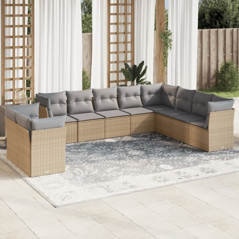 vidaXL 10-delige Loungeset met kussens poly rattan beige afbeelding 1