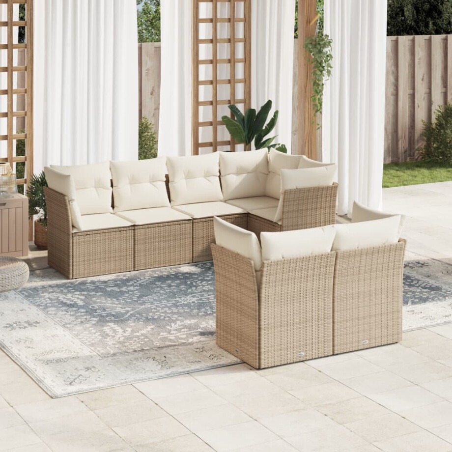 vidaXL 7-delige Loungeset met kussens poly rattan beige afbeelding 1