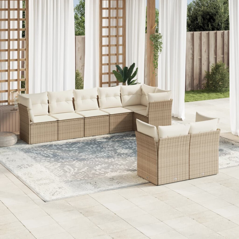 vidaXL 8-delige Loungeset met kussens poly rattan beige afbeelding 1