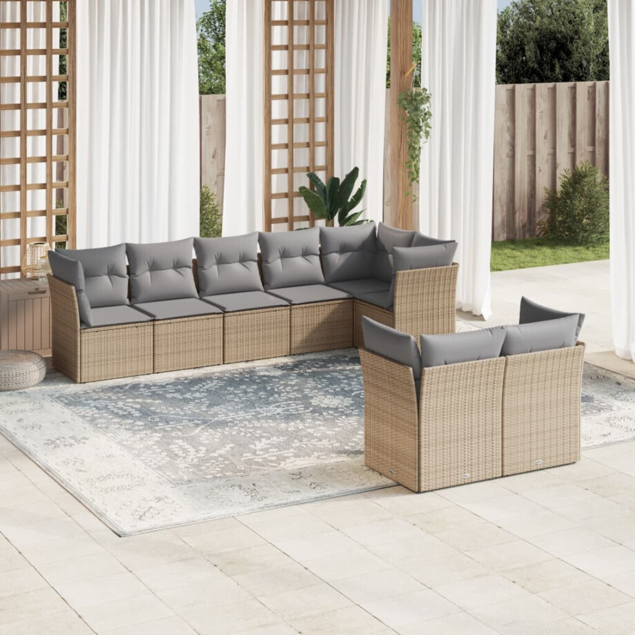 vidaXL 8-delige Loungeset met kussens poly rattan beige afbeelding 1