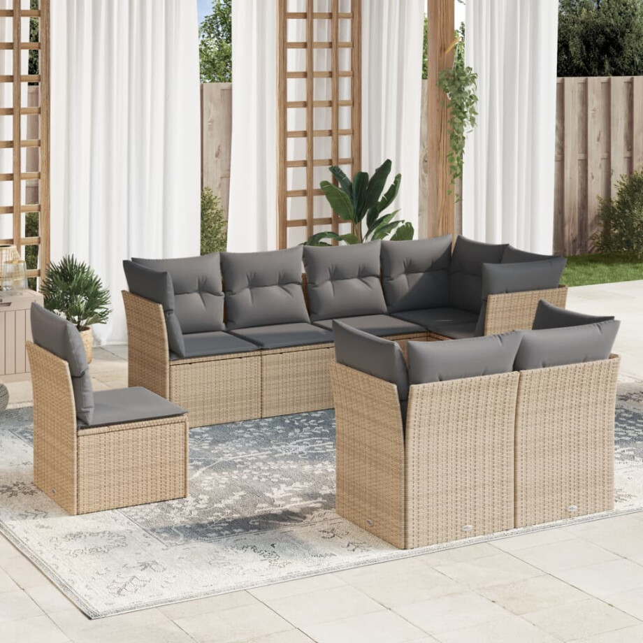 vidaXL 8-delige Loungeset met kussens poly rattan beige afbeelding 1